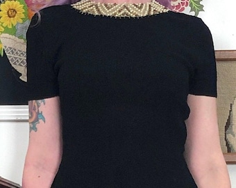 Jersey de punto vintage con cuello de cuentas, estilo años 60, semitransparente, manga corta, talla S