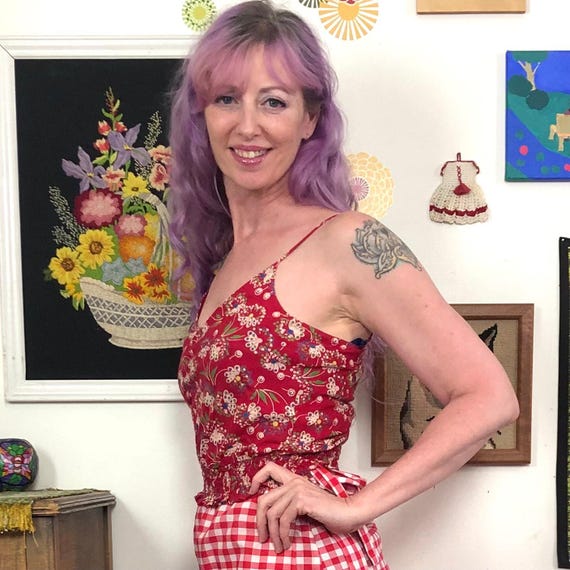 Vintage Floral Crop Top, y2k Red Flower Print Cam… - image 4