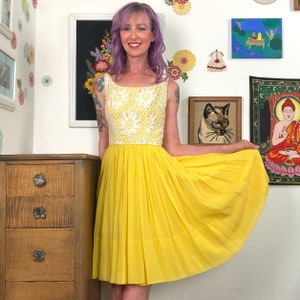 Vintage Yellow Chiffon Cocktail Dress. 1960s Lace Bodice Formal Occasion Party Dress, Size XS