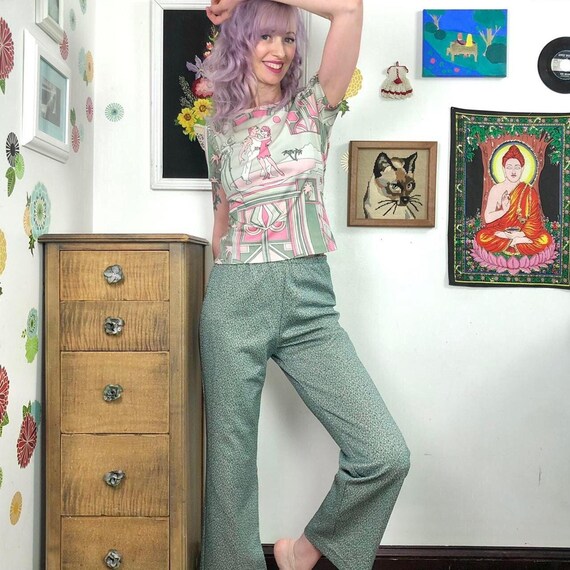 Vintage Polyester Pull-On Pants, 1970s Green Twee… - image 2