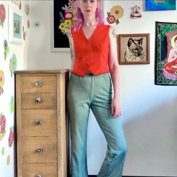 Vintage Polyester Pull-On Pants, 1970s Green Twee… - image 5