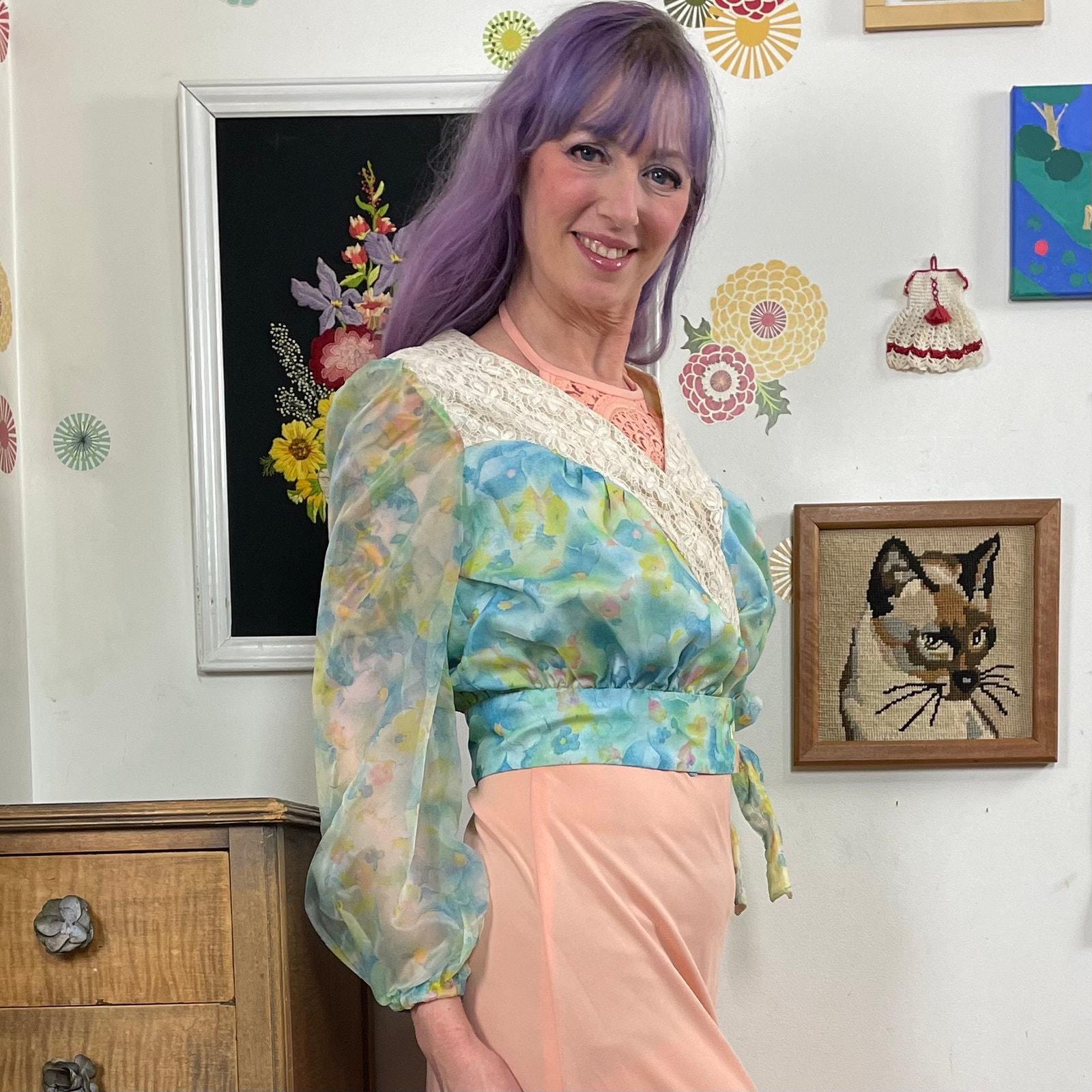 Vintage Chiffon Bolero Top, 1960s Blue Floral Jacket With