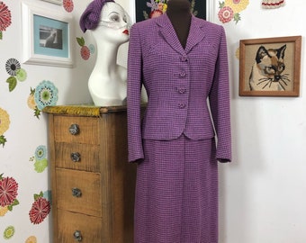 Vintage Purple Houndstooth Suit, 1950s Skirt Suit with Hat, Size XS-S