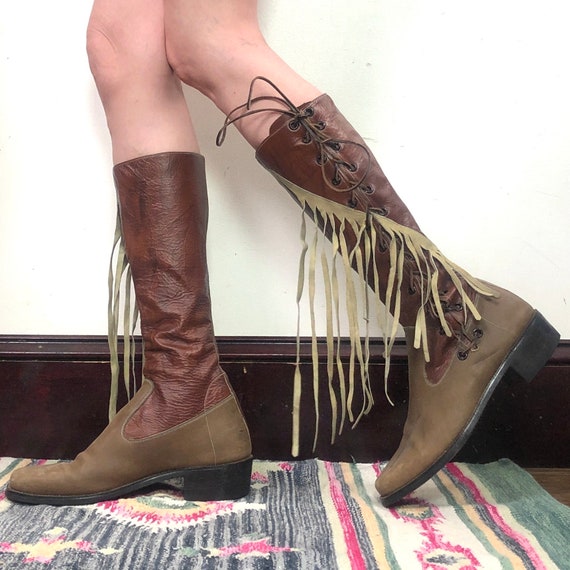 Vintage Leather Fringe Boots, 1970s Tall Lace Up … - image 2
