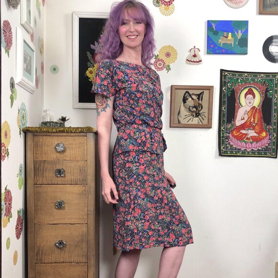 Vintage Secretary Dress, 1980s Floral Peplum Dress by John Robert Sz M View 2