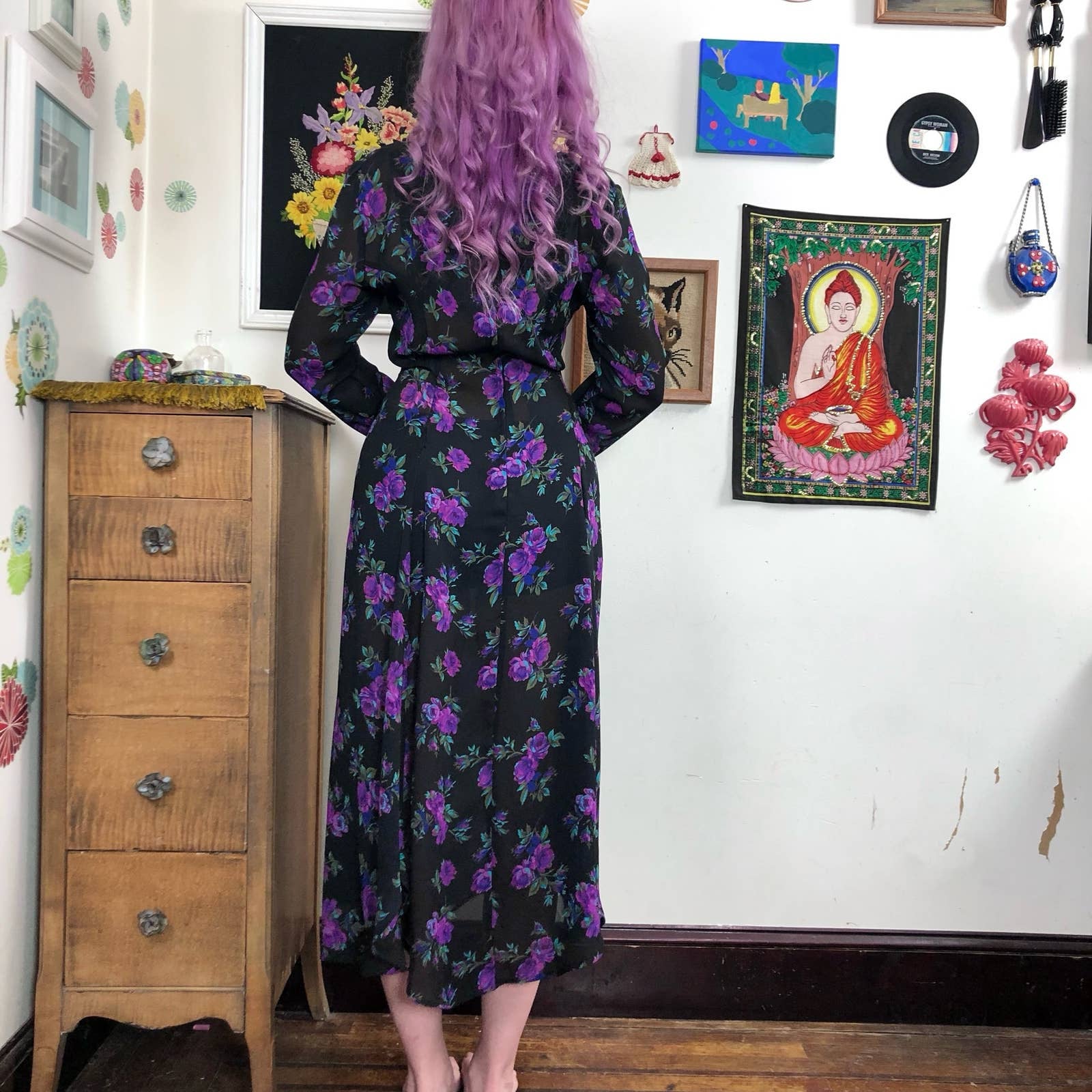 Vintage Floral Georgette Dress, 1980s Sz M Bohemian Punk Vintage Floral Georgette Dress, 1980s Sz M Bohemian Punk