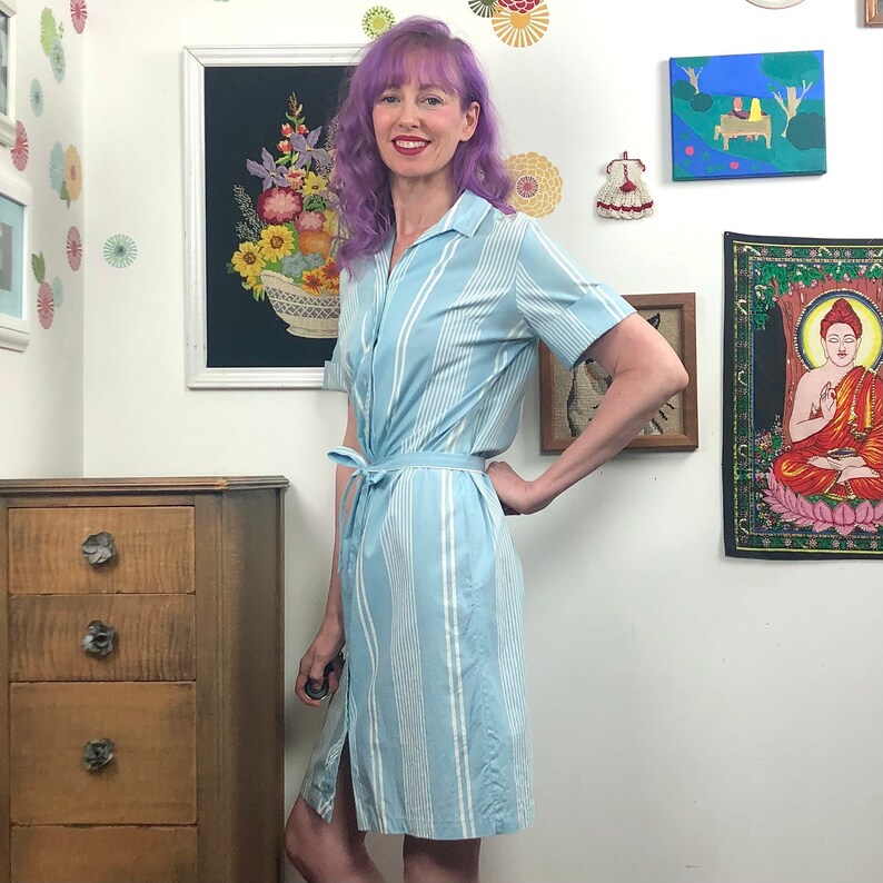 Vintage House Dress Blue /& White Stripe Dress with Belted Waist and Button Front Closure Size M