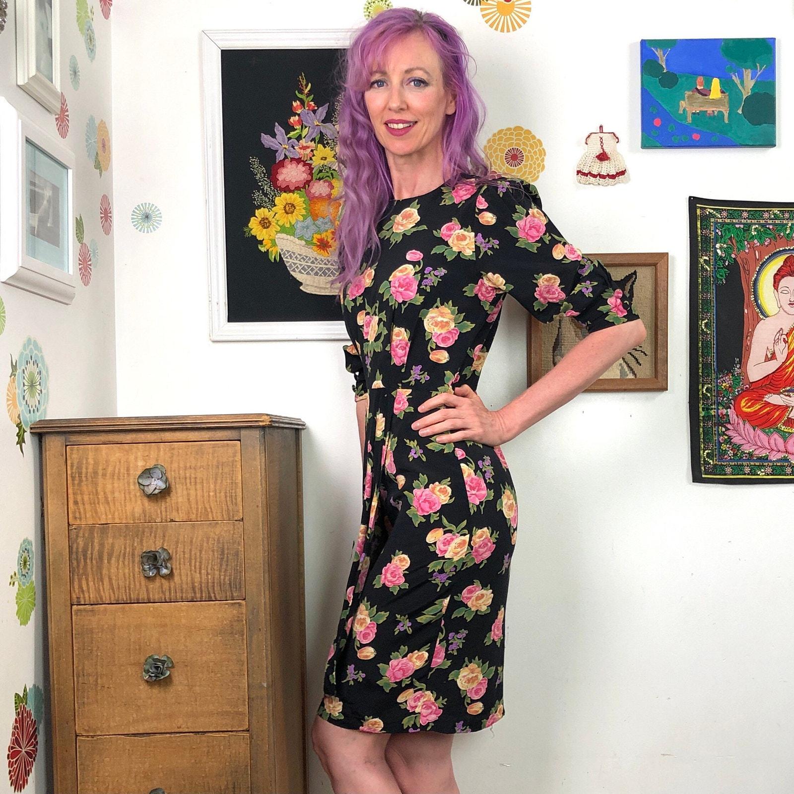 Vintage Rose Print Secretary Dress, 1990s Faux Wrap Pencil Style