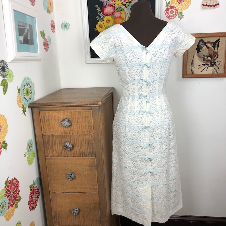 Jonathan Logan Dress Vintage White Eyelet Lace with Baby Blue Ribbon Accents 1960s Dress Size Small