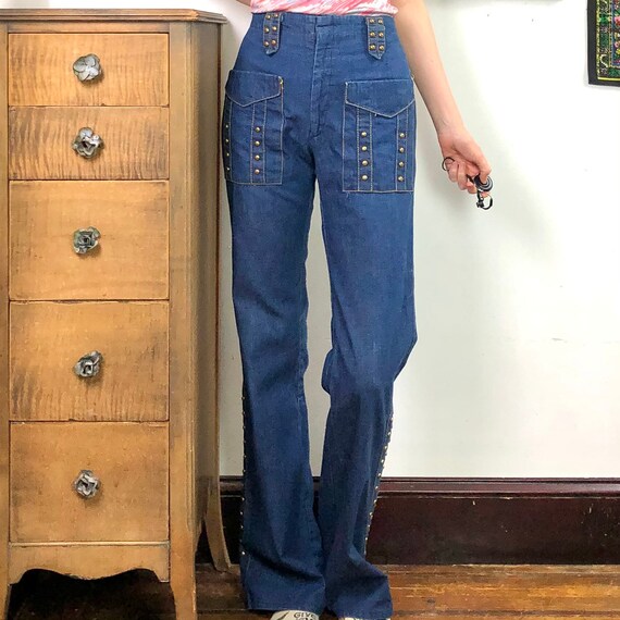 Vintage Studded Jeans, 1970s Wide Leg Flare Denim