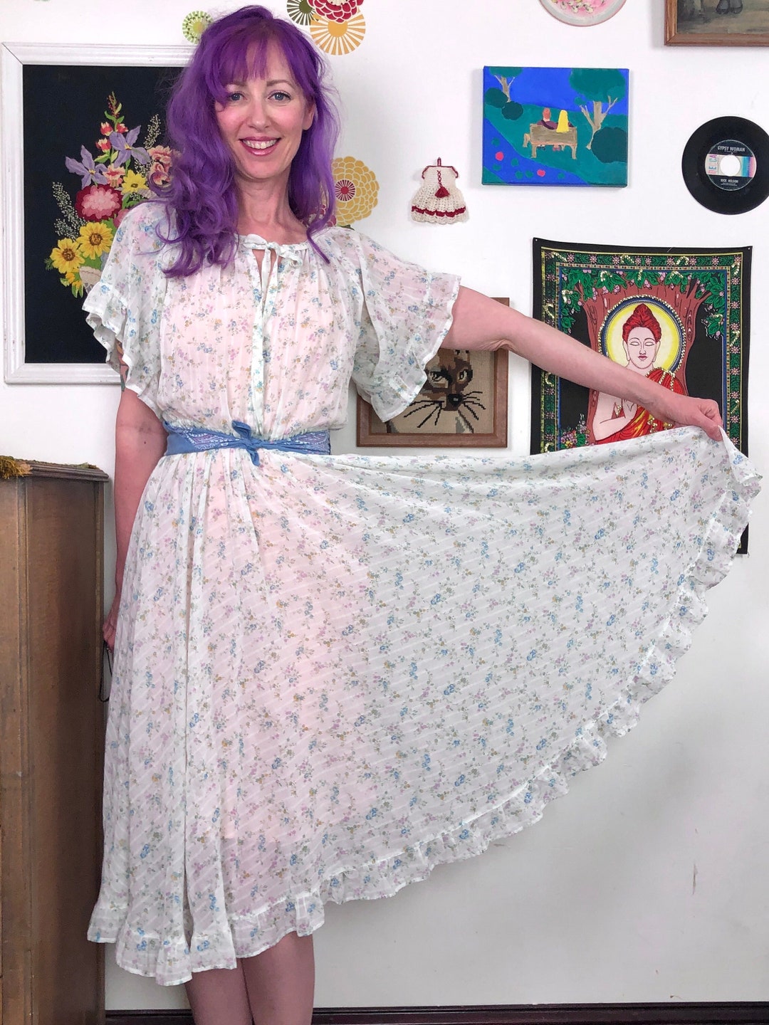 Vintage Sheer Peasant Dress, 1970s Bohemian Hippie Style Dress