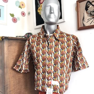 Vintage Swirl Print Dress Shirt, 1960s Deadstock Short Sleeve Button Front, Sz L