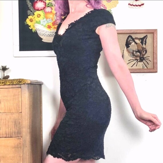 Vintage Black Lace Cocktail Dress, 1990s Stretch … - image 8