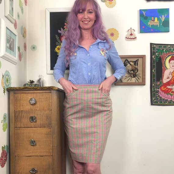 Vintage Pastel Plaid Skirt, 1950s Pencil Skirt in… - image 1