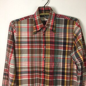 Vintage Plaid Button Front Shirt 1970s Cotton Blend Poplin Shirt Finchley Sz M
