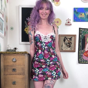 Vintage Floral Mini Slip, 90s Movie Star Nightie, Fuchsia & Teal Flower Print S