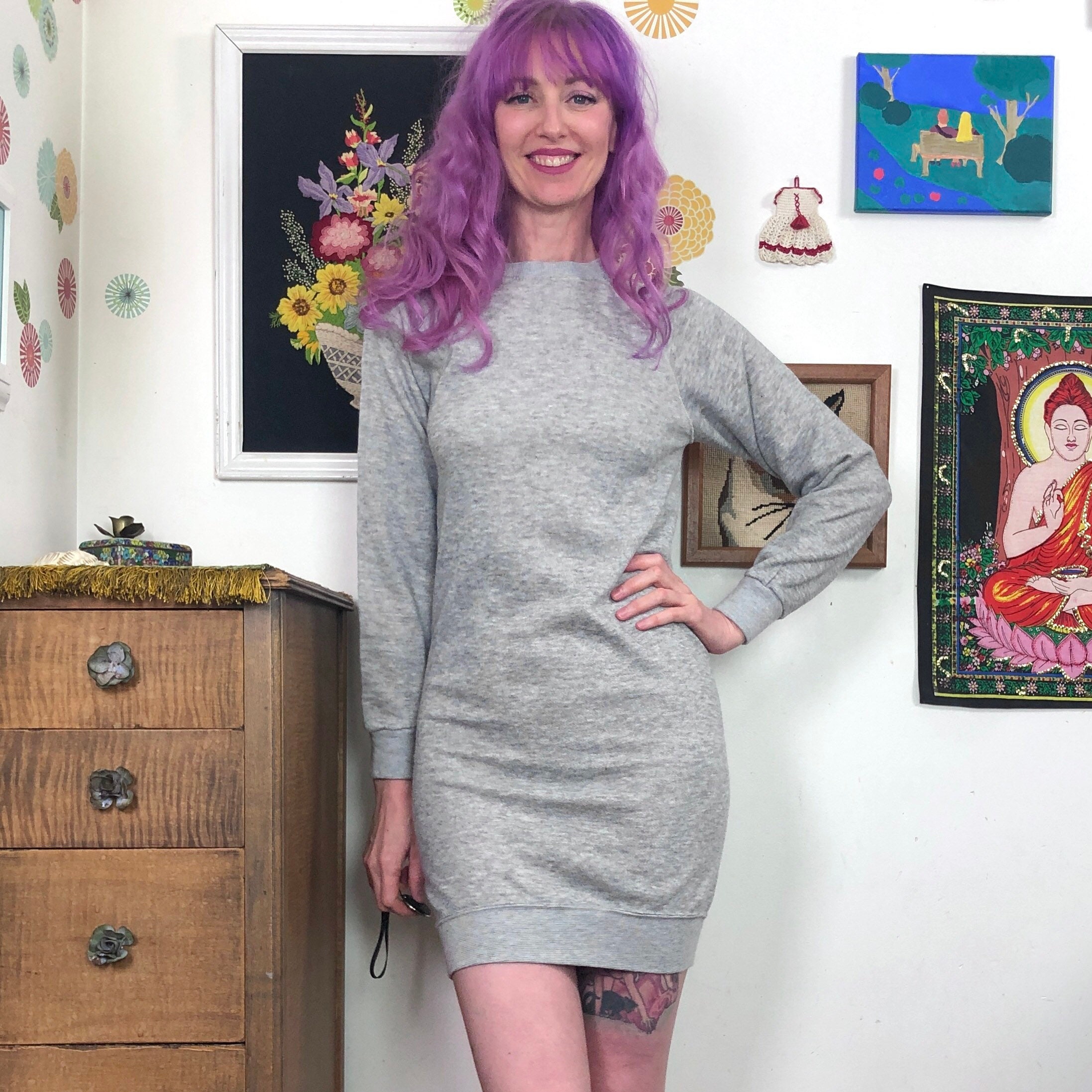Vintage Sweatshirt Dress 1970s Crew Neck Gray Pullover Mini Dress