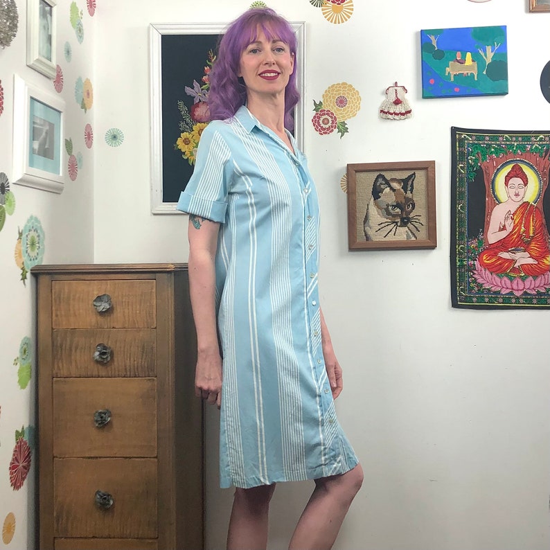 Vintage House Dress Blue /& White Stripe Dress with Belted Waist and Button Front Closure Size M