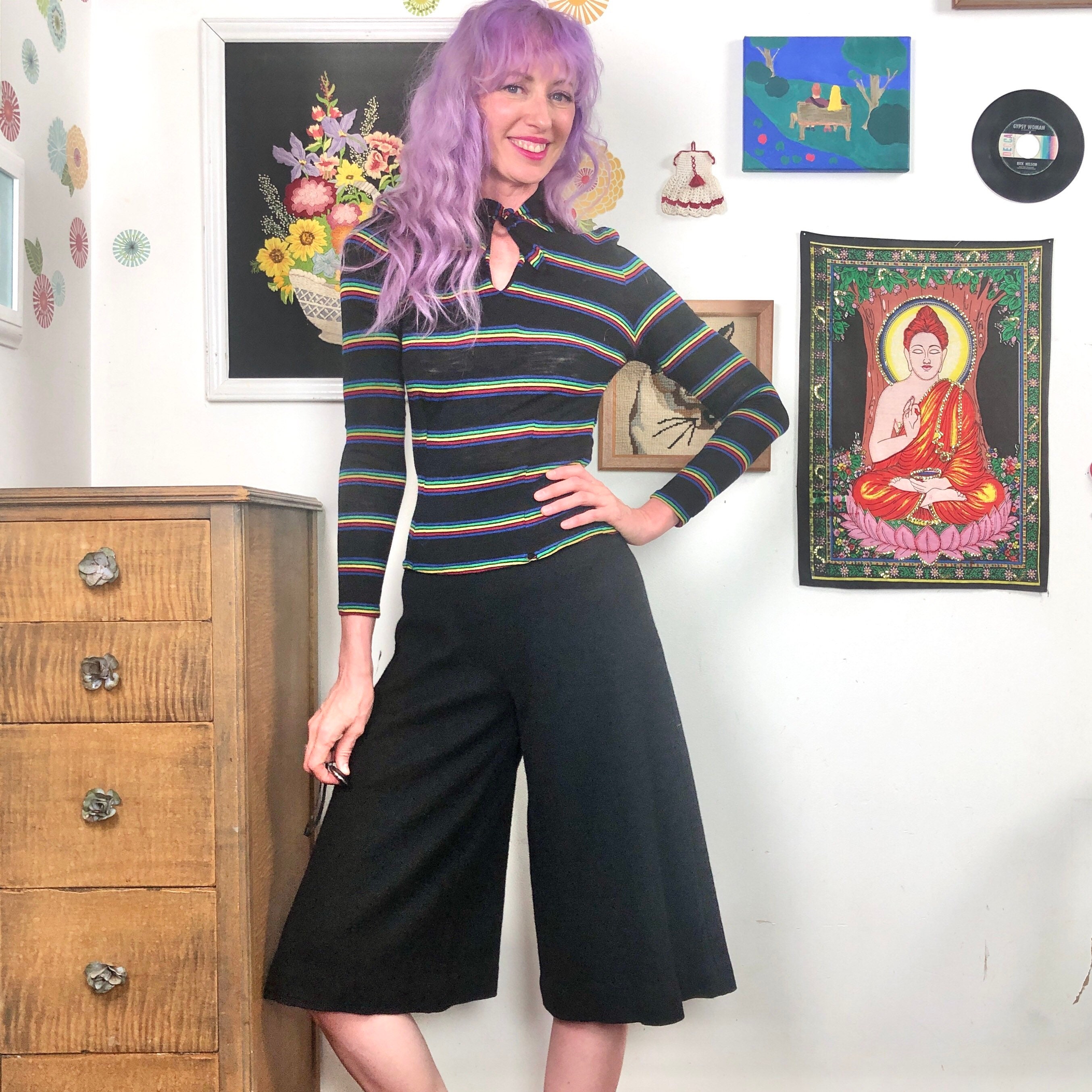 Vintage Black Wool Culottes, High Waisted Gaucho Pants Size
