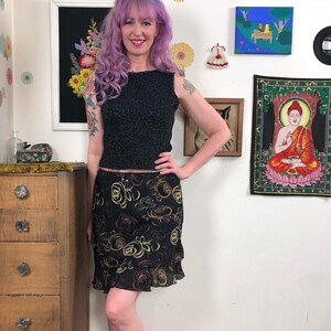 Vintage Slip Skirt, y2k Brown Abstract Flower Print Ruffle Skirt Sz M