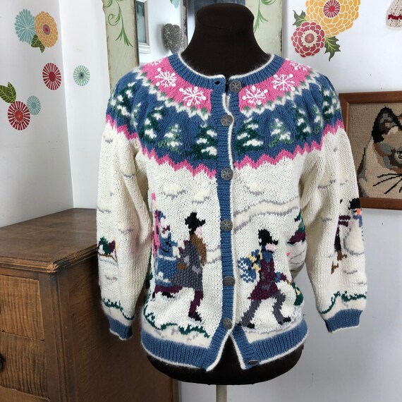 Vintage Ice Skating Sweater, Novelty Cardigan with