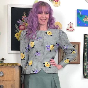 Vintage Rose Print Suit Jacket, 1980s Silk Evening Blazer with Rhinestone Embellishment, Size M
