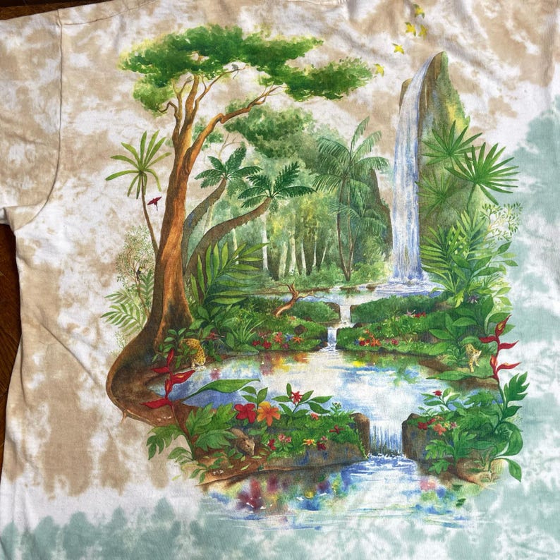 Vintage Liquid Blue Rainforest Preserve Paradise T-Shirt, 1990s Tie Dye Tee XL immagine 17