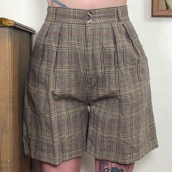 Vintage High Waisted Plaid Shorts, 1980s Brown Pl… - image 1