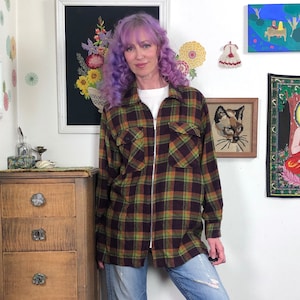 Vintage Flannel Shacket, 1990s Plaid Flannel Zip Front Shirt or Jacket, Size L