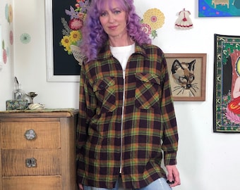 Vintage Flannel Shacket, 1990s Plaid Flannel Zip Front Shirt or Jacket, Size L