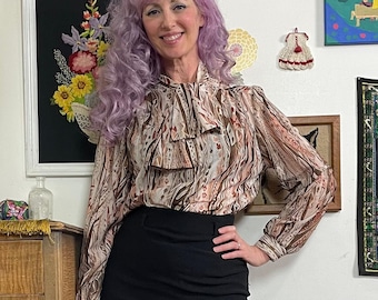 Vintage Sheer Secretary Blouse w Ruffle Neck Tie, Sz XL, 1970s Brown Leaf Print