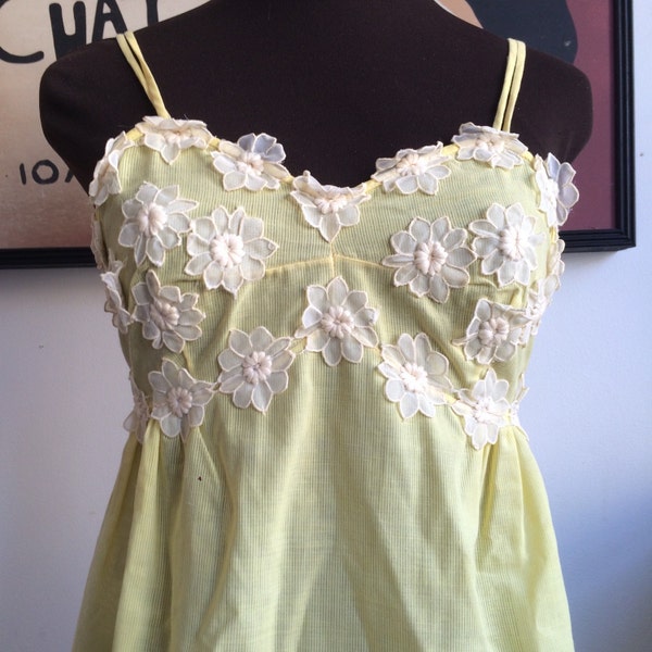 Vintage Yellow Baby Doll Nightie Slip Dress with Applique Flowers Embroidery on Bust