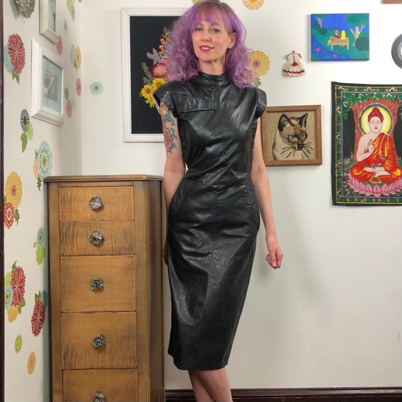 Vintage Leather Dress, 1980s New Wave Black Leathe
