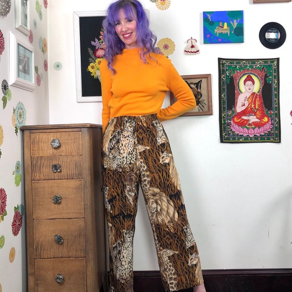 Vintage Jungle Cats Pants, Silk Leopard Printed Pants by Regina Porter, Sz  M 