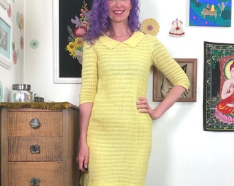 Vintage Yellow Knit Sheath Dress, 1960s Crochet Mod Style Dress XS-S