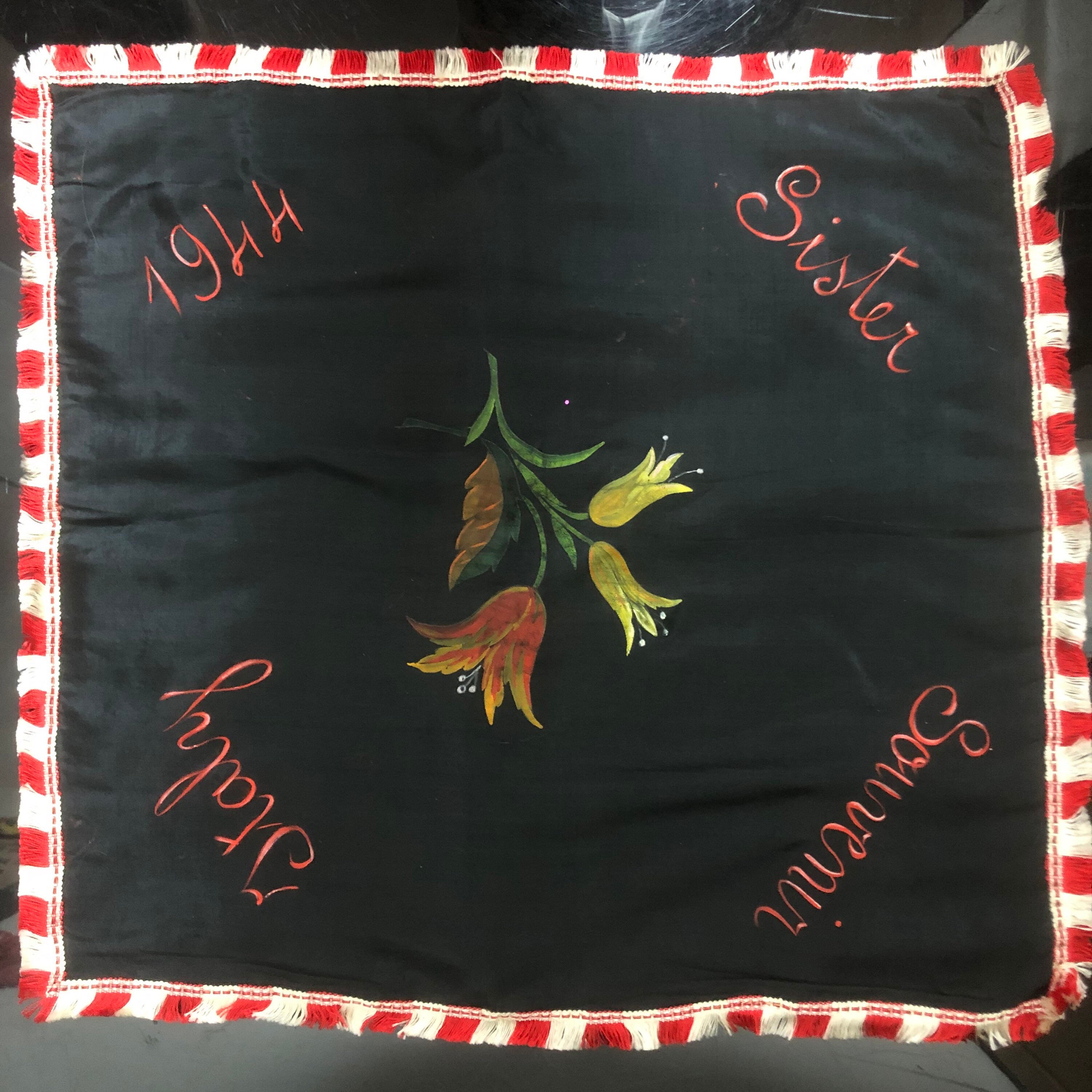 Vintage Italy Souvenir Pillowcase, 1940s Painted Flower Black