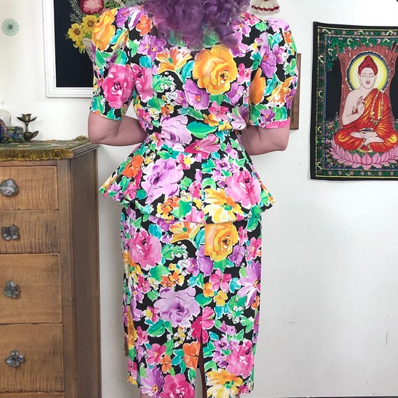 Vintage Floral Peplum Dress, 1980s Cotton Flower … - image 7