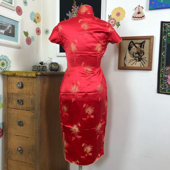 Vintage Cheongsam Dress, 1970s Red & Gold Satin E… - image 4