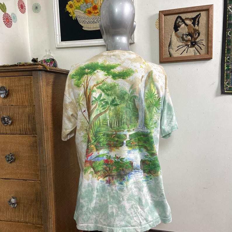 Vintage Liquid Blue Rainforest Preserve Paradise T-Shirt, 1990s Tie Dye Tee XL immagine 9