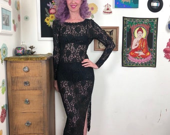 Vintage Black Lace Column Dress, 1990s Sheer Stretch Lace Maxi, Size S-M