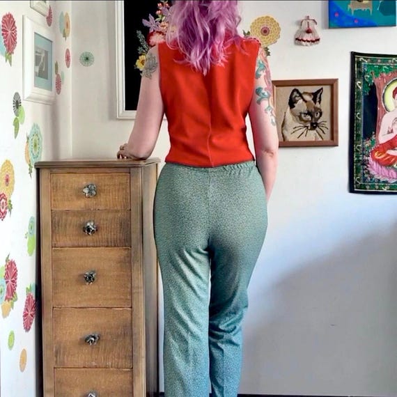 Vintage Polyester Pull-On Pants, 1970s Green Twee… - image 7