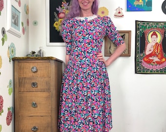 Vintage Floral Dropped Waist Dress, 1980s Cottagecore Style Dress, Jane Schaffhausen Belle France Size S