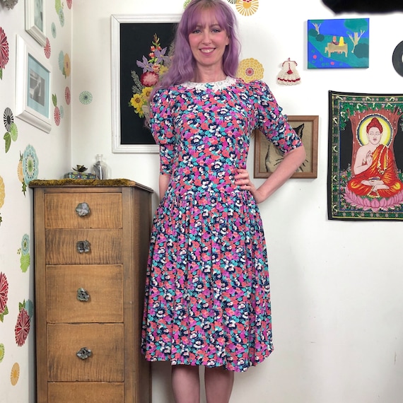 Vintage Floral Dropped Waist Dress, 1980s Cottage… - image 1