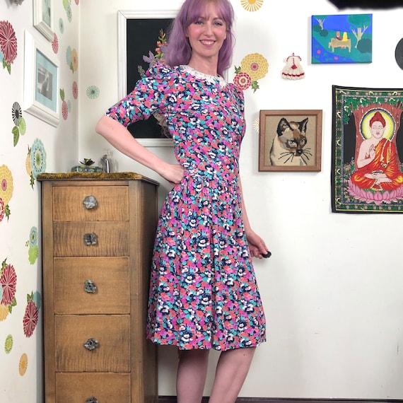 Vintage Floral Dropped Waist Dress, 1980s Cottagecore Style Vintage Floral Dropped Waist Dress, 1980s Cottagecore Style