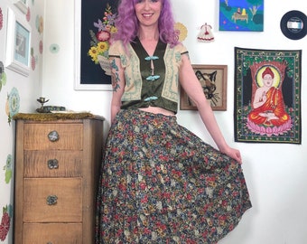 Vintage Floral Peasant Skirt, 1970s Autumn Colors Flower Print Skirt Sz M