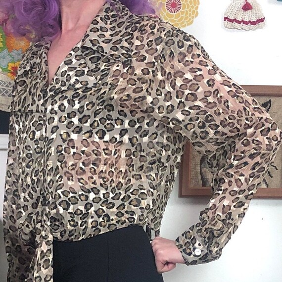 Vintage Leopard Print Blouse, Sheer Cropped Long … - image 8