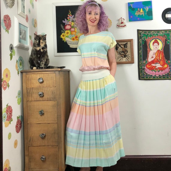 Vintage Pastel Stripe Skirt Set by Lanz Originals,