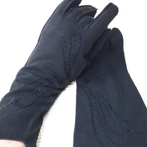 Vintage Embellished Evening Gloves, Ladies Black Mid Length Formal Gloves, Size  7 1/2, Faceted Black Beaded Pin Up Girl Style