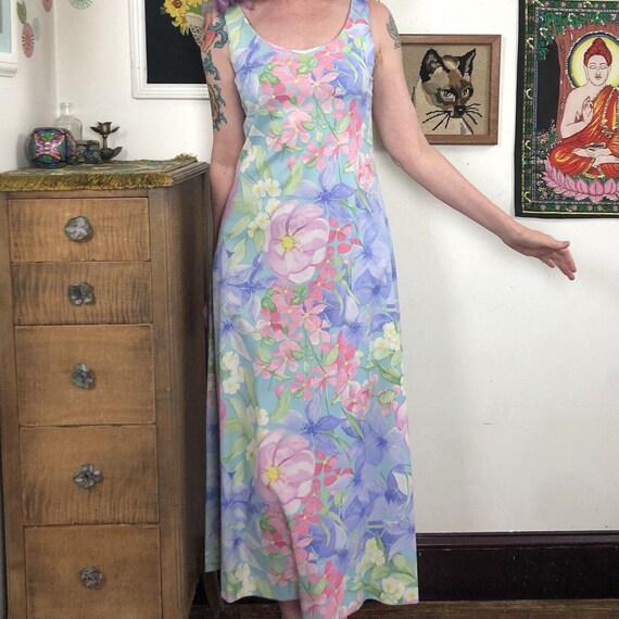 Vintage Flower Print Tank Dress, 1970s Floral Pas… - image 5