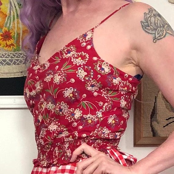 Vintage Floral Crop Top, y2k Red Flower Print Cam… - image 8